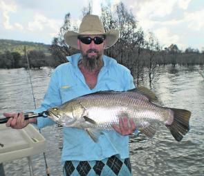 Callide Dam barra have fired up. This is a fine example of the average sized fish on offer.