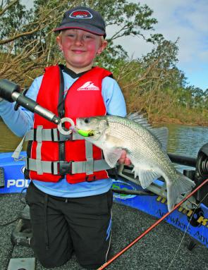 Blake with one of several bass taken on a RMG 50mm Poltergeist trolled in a dam's upper reaches.