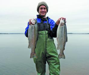 Two rainbow trout the author caught on whitebait on his latest trip to Lake Bolac.