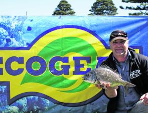 Team Bream By Stealth's Romeo Prezioso shows off the cracking 1.56kg Ecogear Big Bream that he landed on day one.