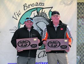 Team Loft’s Paul Holmes and Greg Rooke display their trophies after taking out the BCF Bream Classic Victory.