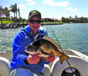 Steve Wheeler caught this bream in Patterson Lakes on an Ecogear SX40 307, and was caught from the rocky point in the background.