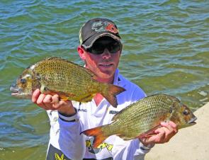 A couple of snaps before being released. Jarrod Healey shows of a couple of his bream from day one’s 6.16kg bag.