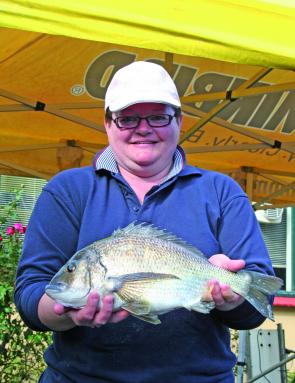 Gillian Knight with her thumping bream from the Glenelg River – now that is a happy look!