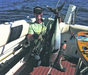 Neil ‘Nobby’ Clark with his first soft plastic caught southern bluefin tuna from the Mewstone region off southern Tasmania.