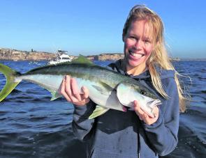 Oceanhunter customer Christine with a kingfish from the artificial reef off South Head.