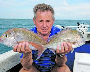 John Quayle with a pair of pan-sized snapper caught trolling around Peel Island.