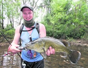 Brenton Richardson with a beautiful clear water Murray cod caught while wading a northeast Victorian River casting spinnerbaits. 
