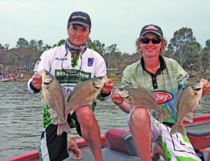 Now there’s a bag of bass to be happy with. A full limit of Boondooma bass makes for happy anglers.
