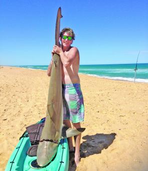 Dylan Madden caught this massive bronze whaler by paddling big baits out off the Ninety Mile Beach and measured 2.4m long. It was one amongst a few sharks that day including a hammerhead measuring over 1.8m in length as well.