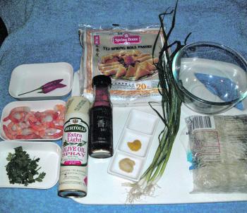 The ingredients. Handy hint: you can substitute very finely shredded and blanched cabbage for the vermicelli noodles.