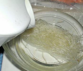 In another bowl, pour sufficient boiling water (from a jug or kettle) over the vermicelli noodles to cover them. As the noodles start to soften in the boiling water, loosen them with a fork to help the softening process along. 