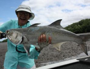 Hazel Westmoreland fished through the wind in early June for some great fish including this stonker blue salmon.