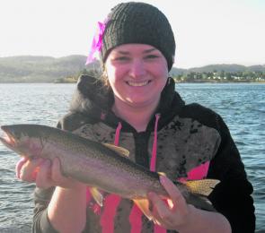 Amanda Carsley trolled up this rainbow in the lake. Lion and Cub Islands always fish well for rainbows this month.