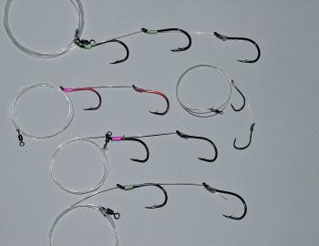 Rigs made with leaders of different breaking strains and types (monofilament and fluorocarbon), sporting hooks of any size can be prepared at home to support various sizes of baits used to target numerous species. These can be stored in clip seal bags or 