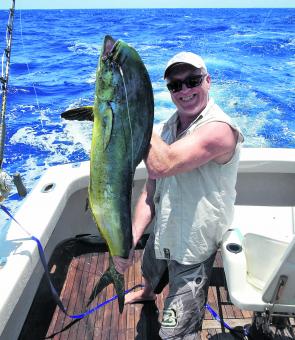 Terry Murphy aboard Saltaire Charters with a piece of the mahi mahi action caught on the shelf.