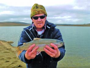 A solid rainbow, typical of those cruising the Eucumbene shoreline feeding on daphnia, chironomids, beetles, midges and grubs.