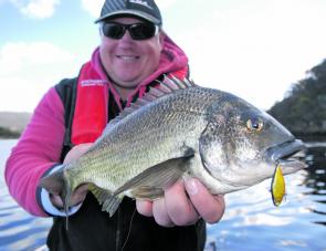 Marcus Popowski with a 38cm fork length Derwent bream on the Hawk Viby.