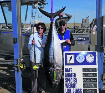 Anthony Ljubic and the 127.7kg tuna he caught with Lucas Wilson off Warrnambool recently.
