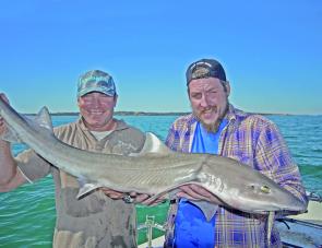 Gawaine and Troy displaying a lovely 14.7kg gummy shark.