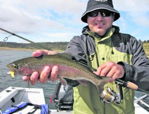 Another fine trout finds the vibrating call of a slowly rolled blade irresistible. Fabian Beroukas scored rainbow on a long casts parallel to a gently sloping grassy bank in less than 1m of water. 