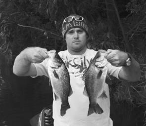 Quinton Greaves caught these two estuary perch on Squidgy soft plastics in the Snowy River.
