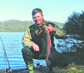 Mic Rybka with cracking Brushy Lagoon rainbow trout, caught on Powerbait while fishing from the bank.