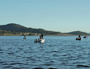 Anglers are at their action stations at Somerset Dam. There’s pretty obviously a good school of bass biting right there! 