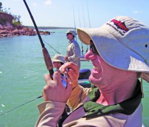 You need to get into them quick when fishing the shallow reefs around Weipa, be that with a threadline or a baitcasting outfit. Here the editorial Booth is getting drilled by a big unknown.