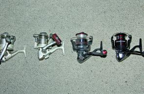 Shimano Stradics through the ages: (left to right) the Aero-Stradic, the FJ Stradic, then the Ci4 Stradic and the relatively new Ci4+ Stradic. Note all but one reel is spooled up with Maxima Ultragreen fishing line.