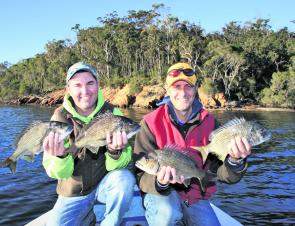 Mark and Scottie Finlay had a couple of good days on the bream. These fish were taken on Squidgy Wrigglers fished in very shallow water and all fish were released.