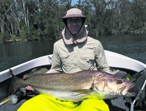 Etienne DeCelis and his PB jewfish of 18kg that is still swimming in the Clyde River as part of the Fisheries research program. An internal acoustic tag is tracking the fish’s movements and behaviour.