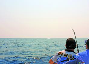 Hooked up to a big blue marlin: This fish jumped off on its first blazing run.