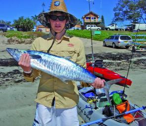 Chris Cahil from Fishing Tackle Australia with a Spanish mackerel he caught from his kayak on a small yellowtail. Chris said the bonito were killing his baits so he 'downrigged' his yellowtail with a snapper lead to get it beneath them.