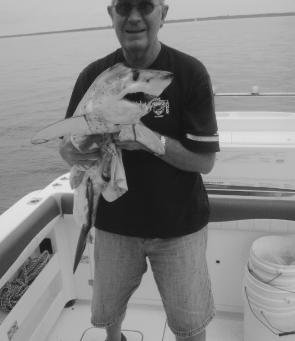 Doug Kent with a mako shark he caught in 70m of water out from the Western Entrance of Western Port.