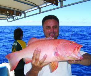 Pierre Fourie, from Cairns, with a beautifully coloured example of the coral trout that have been on the chew out from Cairns.
