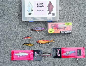 A tiny selection of the soft and hard vibes on the market. Under the Quick Catch box there’s a pair of Transams, some hard and soft Quick Catch models, and Shads Lures Jew Fish Candys on the bottom. 