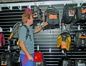 The author tries out the comfort of the Lowepro Drizone Rover backpack while inspecting the Lowepro range at Photo Continental. 