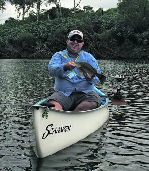 On the water with the Solo Scamper is a fish catcher. Shayne McKee with a Brissie River golden perch.