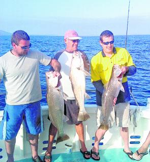 The crew onboard Trifecta with some deep water 70cm+ mulloway.