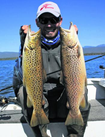 Tom Kulczynski landed these beaut browns at Lake Fyans recently trolling yellow winged Tassie Devils.