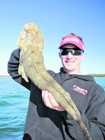 The Middle Spit in Western Port is a big producer of nice flathead. Simon Rinaldi from Red Hot Fishing Charters displays a cracker model taken while berleying the edge of the drop-off.