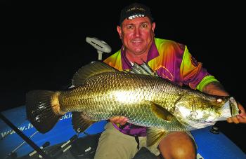 Fishing into the night can be the secret to getting bites from barra. Adam Krautz nailed this fine specimen when the fish became more active and started cruising past the boat after dark.