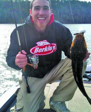 Scotty Stollery is all smiles with his lure caught flathead. 