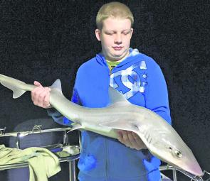 What a way to celebrate your 14th birthday. On board Think Big Charters, Justin Aumann displays a solid gummy shark. 