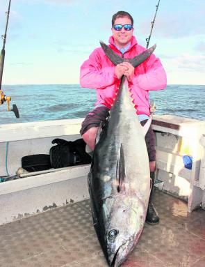 Jeff Debono with his first bluefin tuna, and what a first it was! This fish was taken wide offshore from Jeff’s own trailer boat.