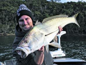 Joel Edwards with one of seven Lake Mac jewfish he has tagged as part of the NSW RAP-ANSA mulloway research program.