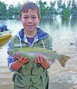 Brayden Ward with his 1kg rainbow trout Lake Fyans caught on mudeye. Photo courtesy Linda Ward.