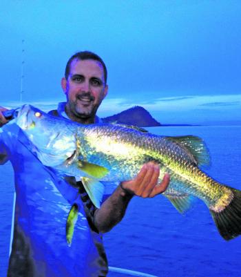 Grant Buckingham with a sweet late afternoon barramundi, which couldn’t resist a live-bait fished close to structure.