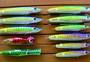 A selection of Hookless Nomad poppers and stickbaits – great for teasing big saltwater fish to a fly.
